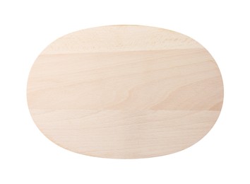 Photo of One wooden cutting board isolated on white, top view