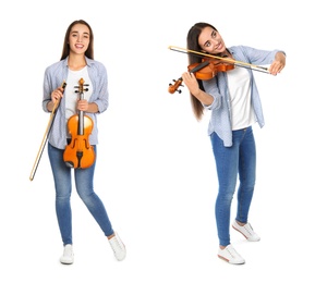 Collage with photos of beautiful woman playing violin on white background