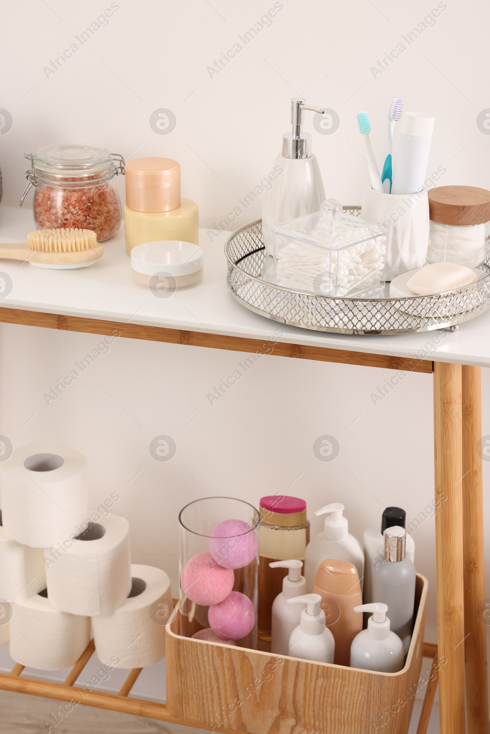 Photo of Different bath accessories and personal care products indoors