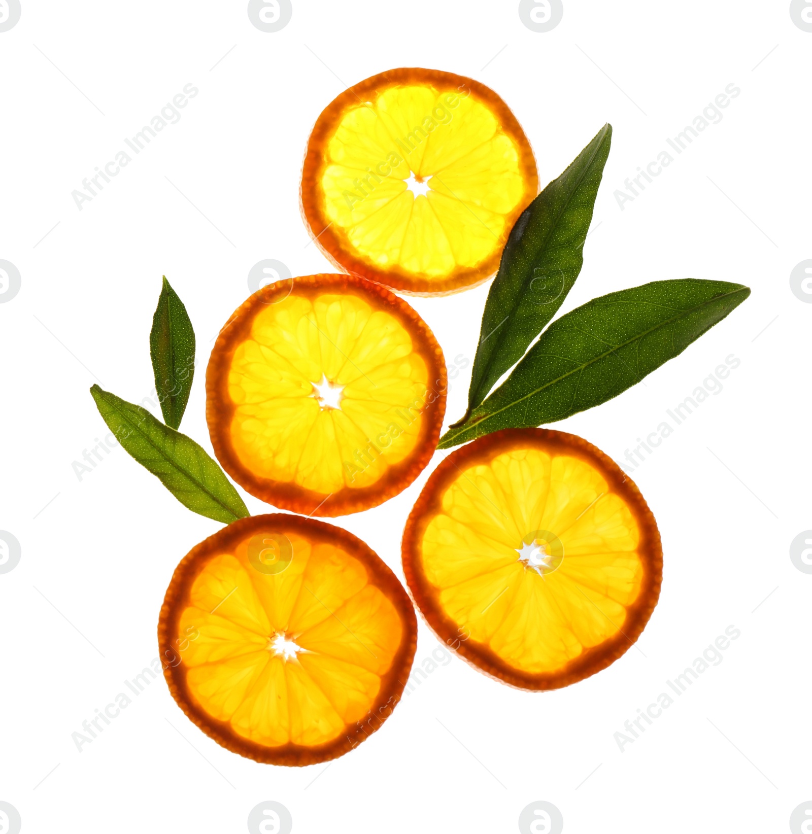 Photo of Slices of fresh ripe tangerines and leaves isolated on white, top view. Citrus fruit