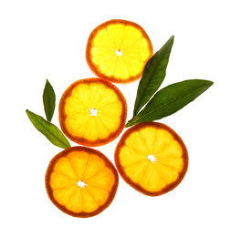 Photo of Slices of fresh ripe tangerines and leaves isolated on white, top view. Citrus fruit