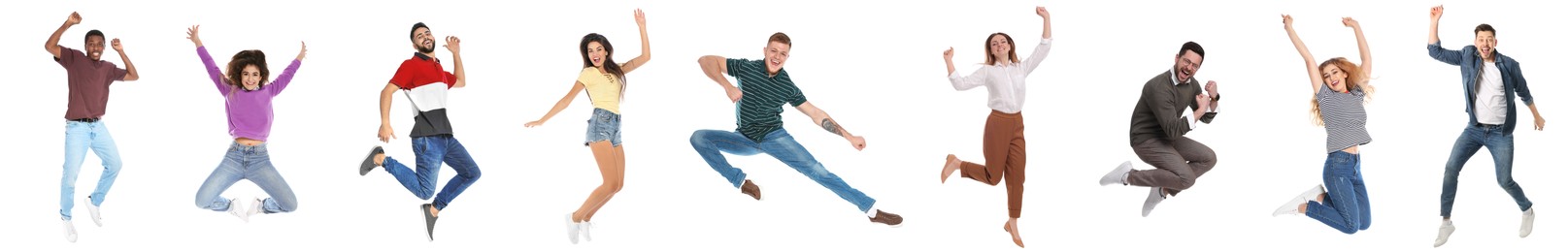 Image of People jumping on white background, collage with photos