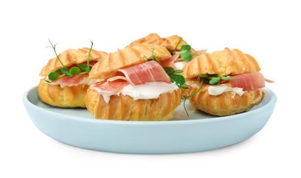 Photo of Delicious profiteroles with cream cheese and prosciutto isolated on white