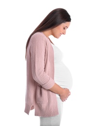 Photo of Beautiful pregnant young woman on white background