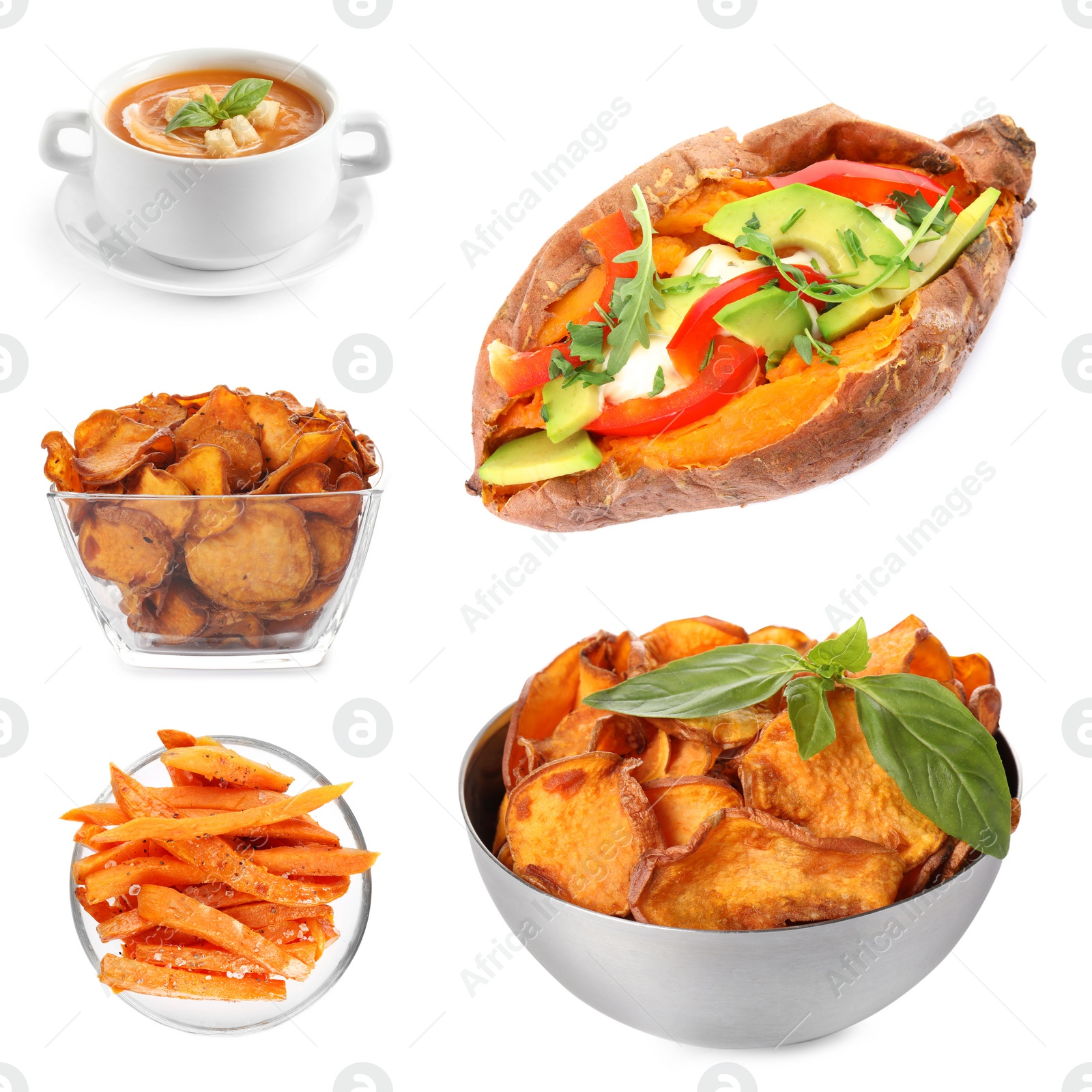 Image of Set of delicious sweet potatoes dishes on white background