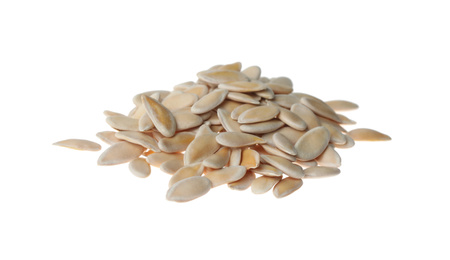 Photo of Pile of raw melon seeds on white background. Vegetable planting