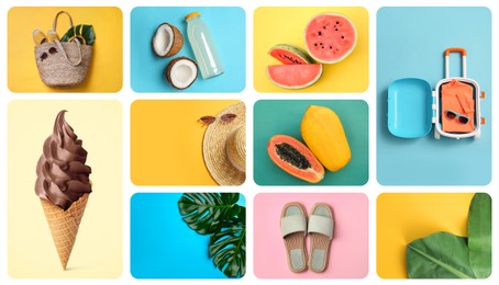 Image of Collage with ice cream, suitcase, fruits and beach accessories. Summertime, banner design