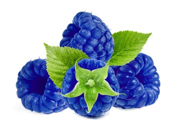 Image of Many fresh blue raspberries and green leaves isolated on white