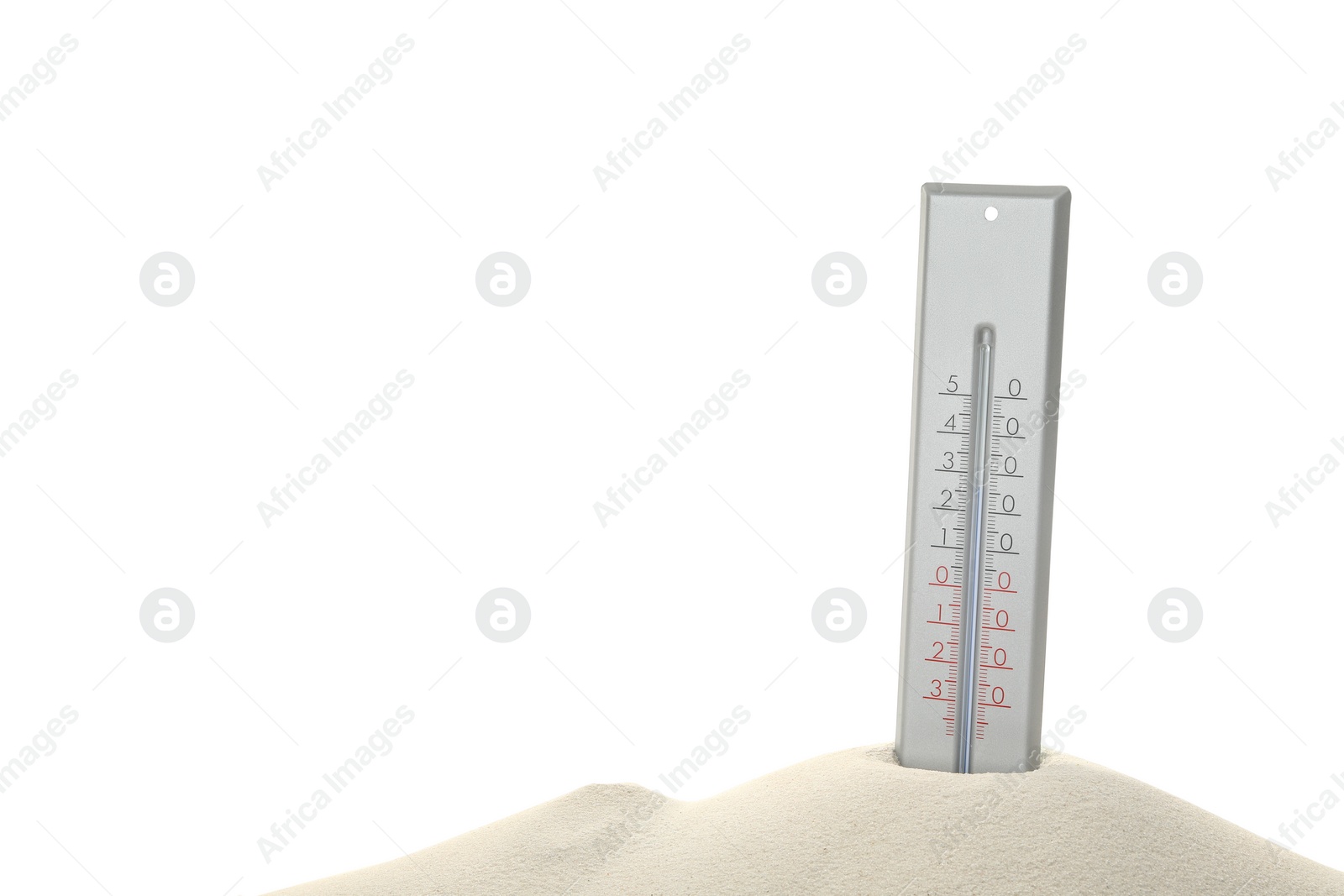 Photo of Weather thermometer in sand against white background