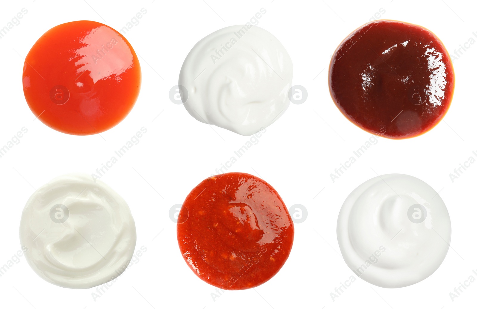 Image of Set with samples of different sauces on white background