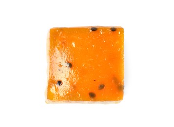 Photo of Piece of cheesecake with jelly on white background, top view