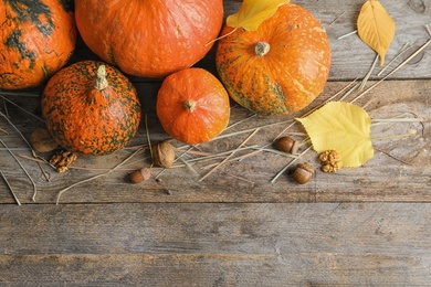 Photo of Orange pumpkins on wooden background, flat lay composition with space for text. Autumn holidays