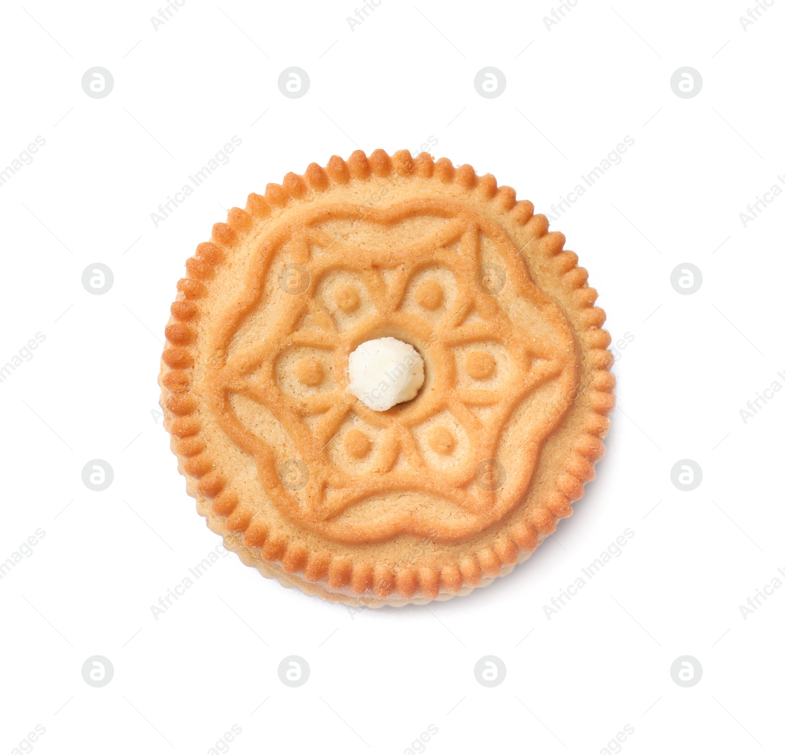 Photo of One tasty sandwich cookie isolated on white, top view