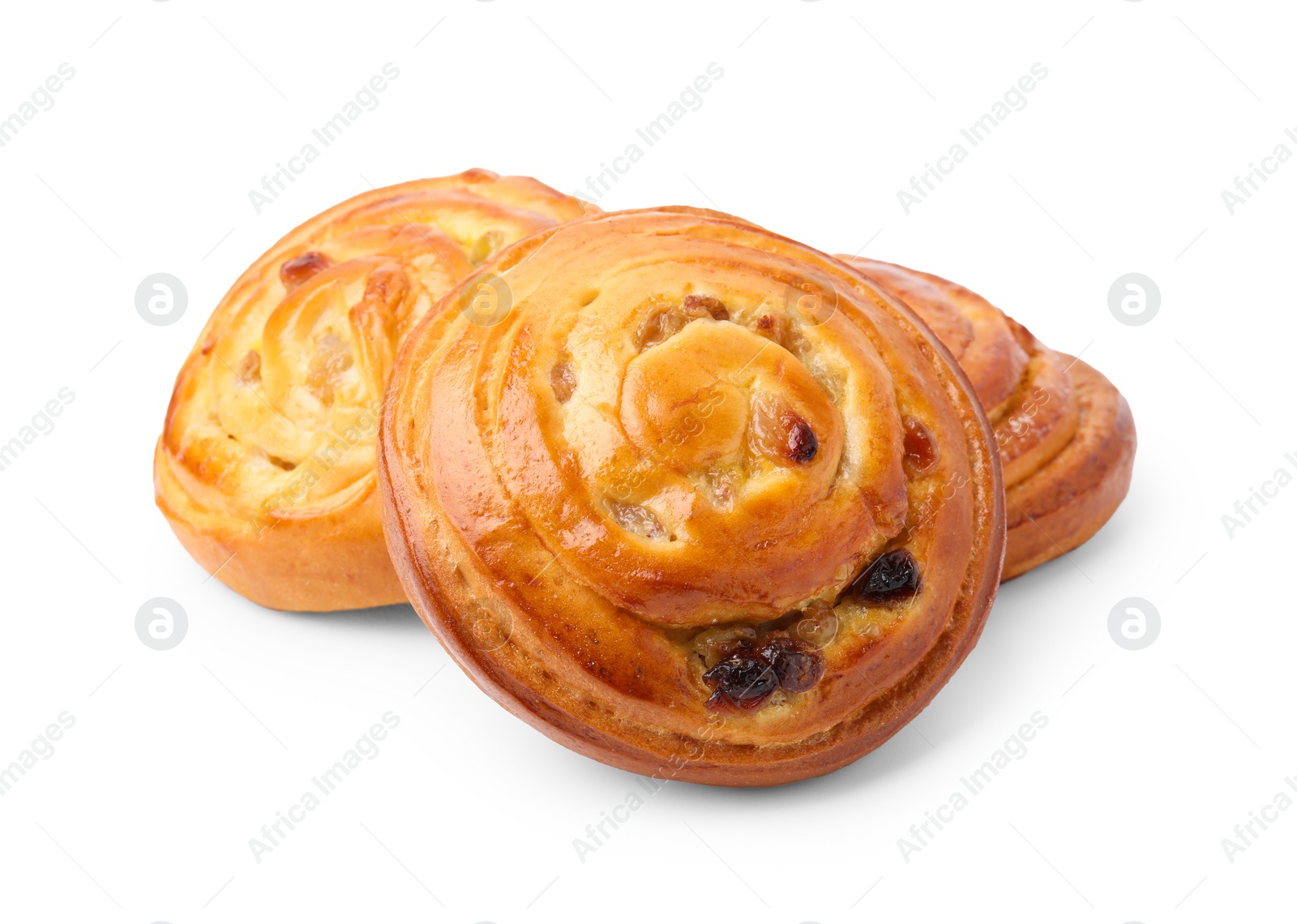 Photo of Delicious rolls with raisins isolated on white. Sweet buns