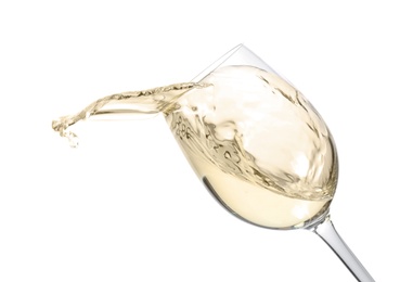 Photo of Glass with delicious wine on white background