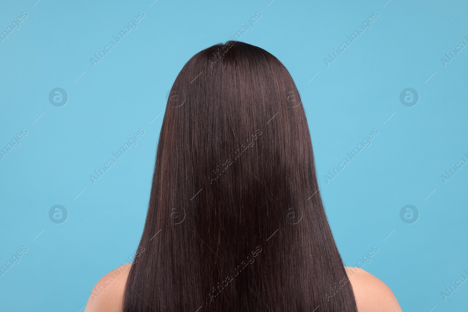 Photo of Woman with healthy hair on light blue background, back view