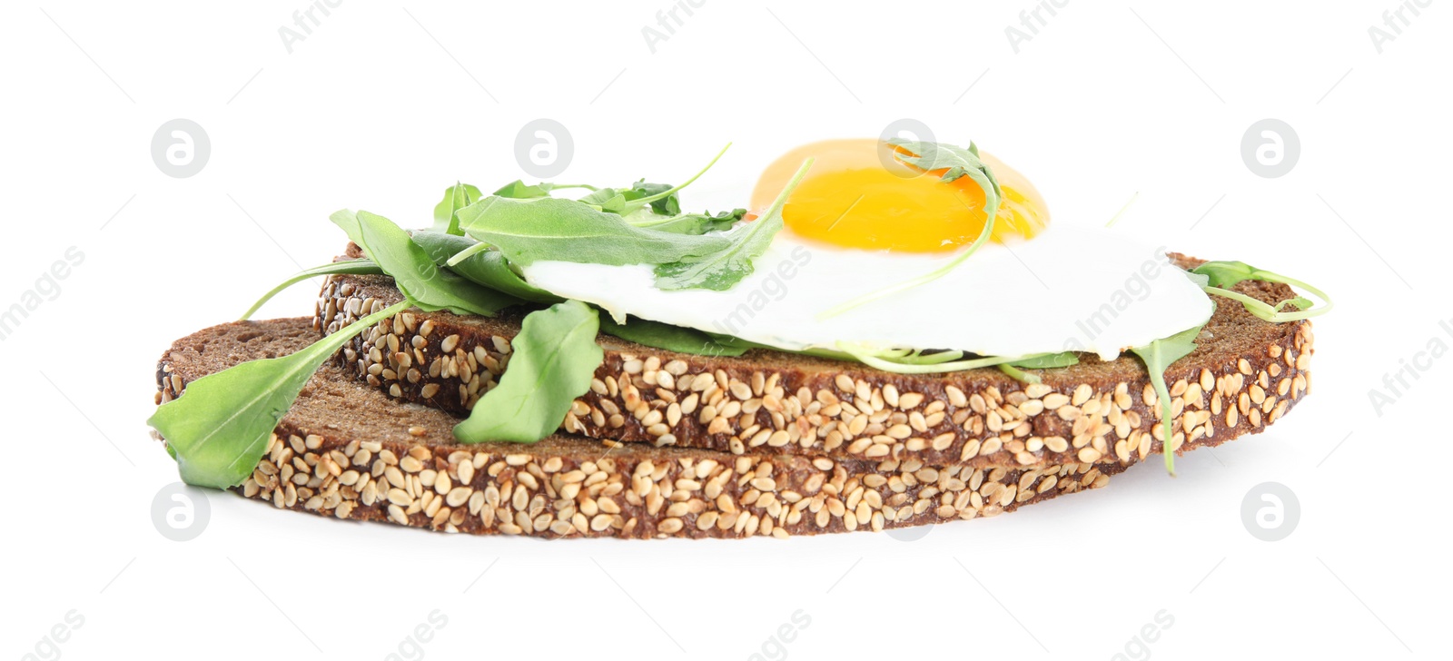 Photo of Delicious sandwich with arugula and fried egg isolated on white