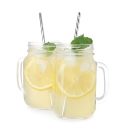 Photo of Natural lemonade with mint on white background. Summer refreshing drink