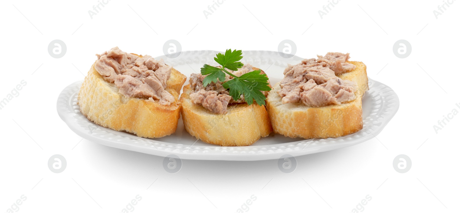 Photo of Tasty sandwiches with cod liver and parsley isolated on white