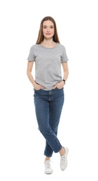 Photo of Young woman in t-shirt on white background. Mock up for design