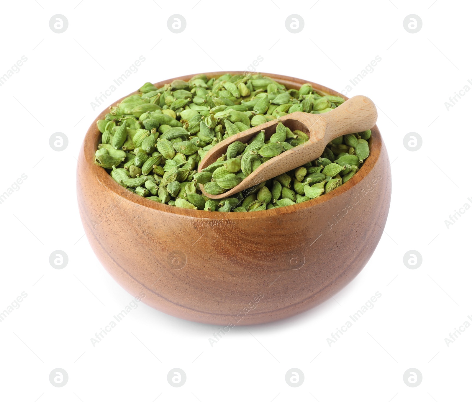 Photo of Wooden bowl and scoop with dry cardamom seeds isolated on white