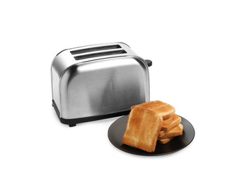 Photo of Modern toaster and bread on white background