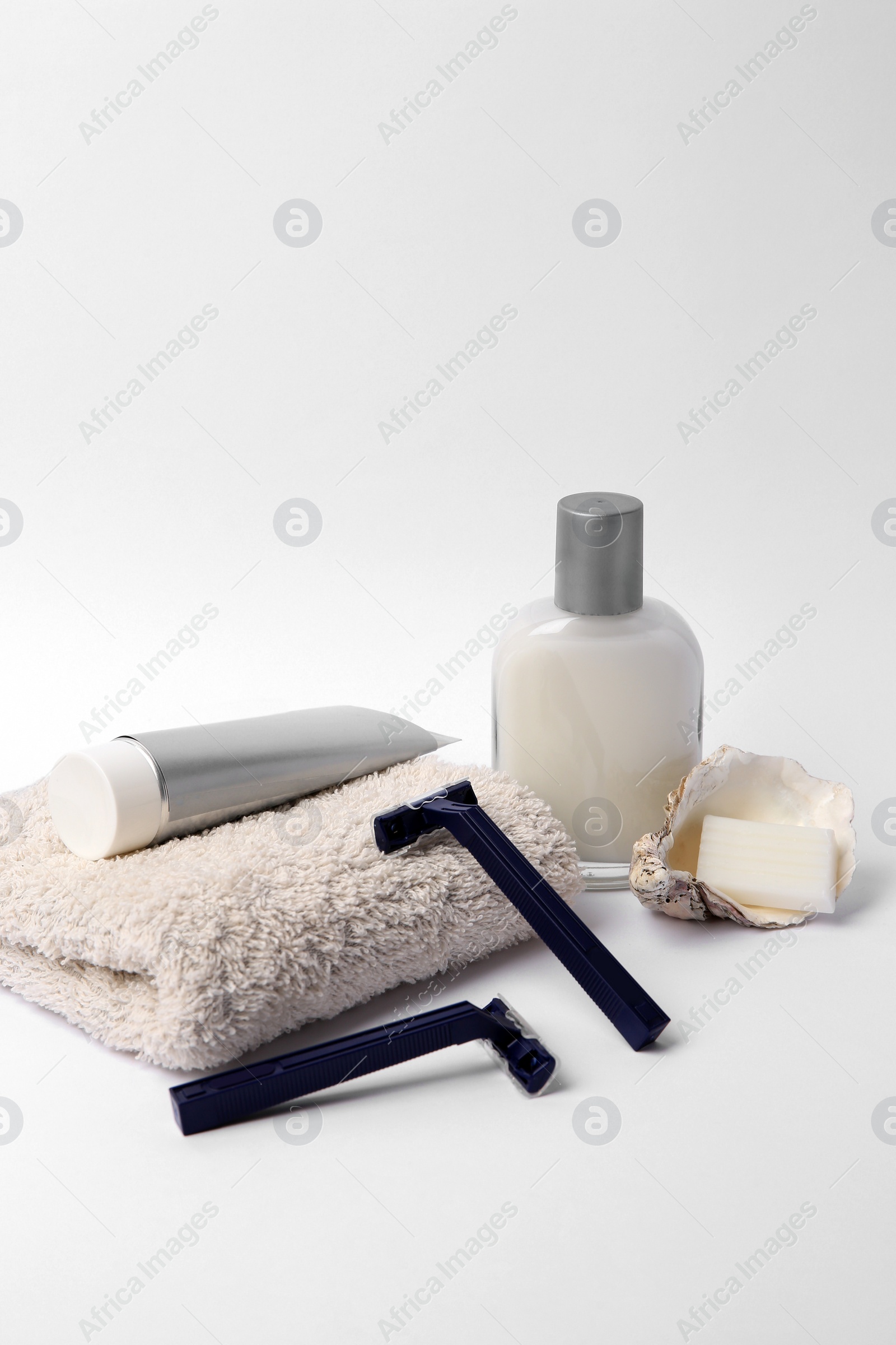Photo of Different men's shaving accessories on white background