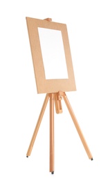 Wooden easel with blank sheet of paper on white background. Space for text