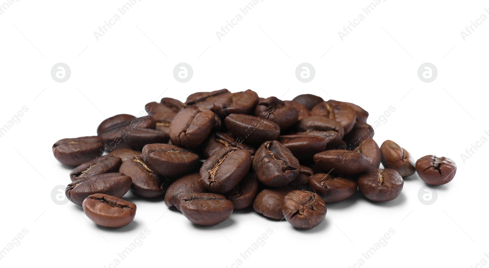 Photo of Pile of roasted coffee beans on white background