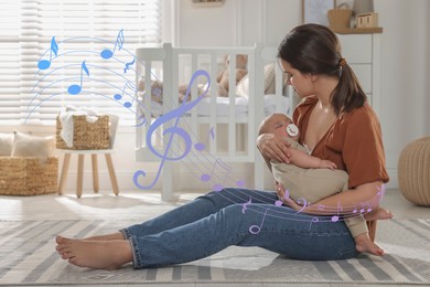 Image of Mother singing lullaby to her sleepy baby in children room. Music notes illustrations flying around woman and child