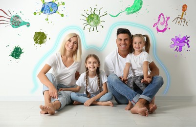 Happy family near white wall. Strong immunity - resistance against infections. Illustration of viruses and outline