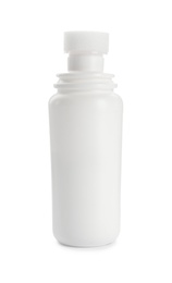 Photo of Blank bottle of shoe care product isolated on white