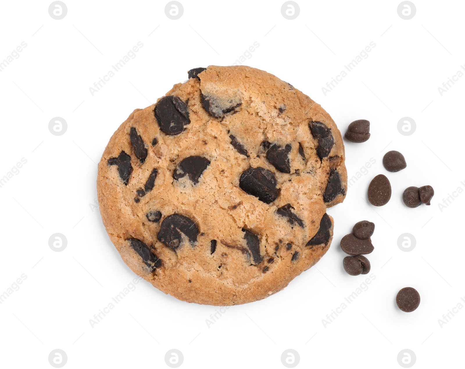 Photo of Delicious chocolate chip cookie on white background, top view