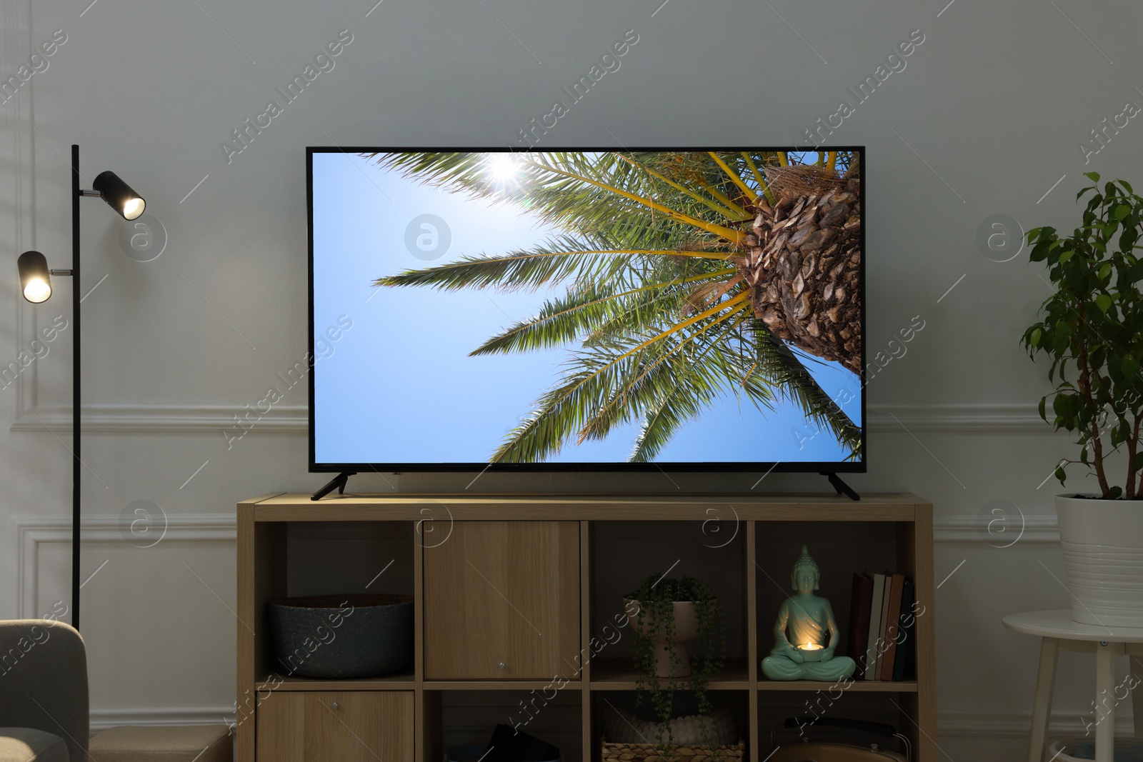 Image of Modern TV set on wooden stand in room. Scene of nature themed movie on screen