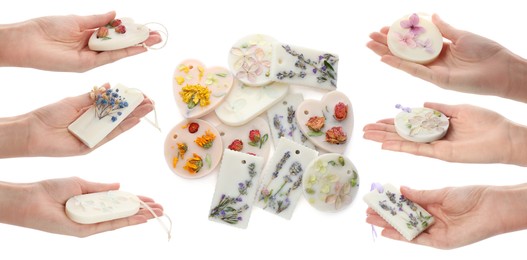 Image of Collage with photos of women holding different scented sachet with dried flowers on white background, closeup