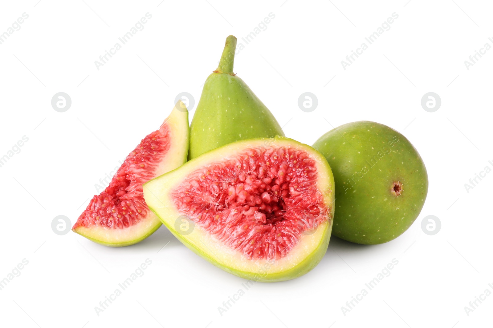 Photo of Cut and whole fresh green figs isolated on white