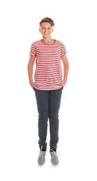 Photo of Teenage boy in casual clothes on white background