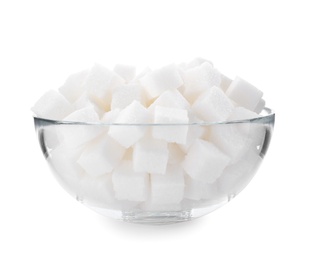 Photo of Refined sugar in glass bowl isolated on white