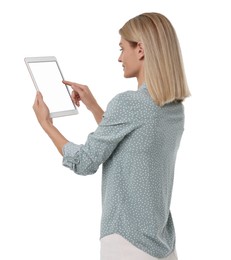 Photo of Woman using tablet with blank screen on white background