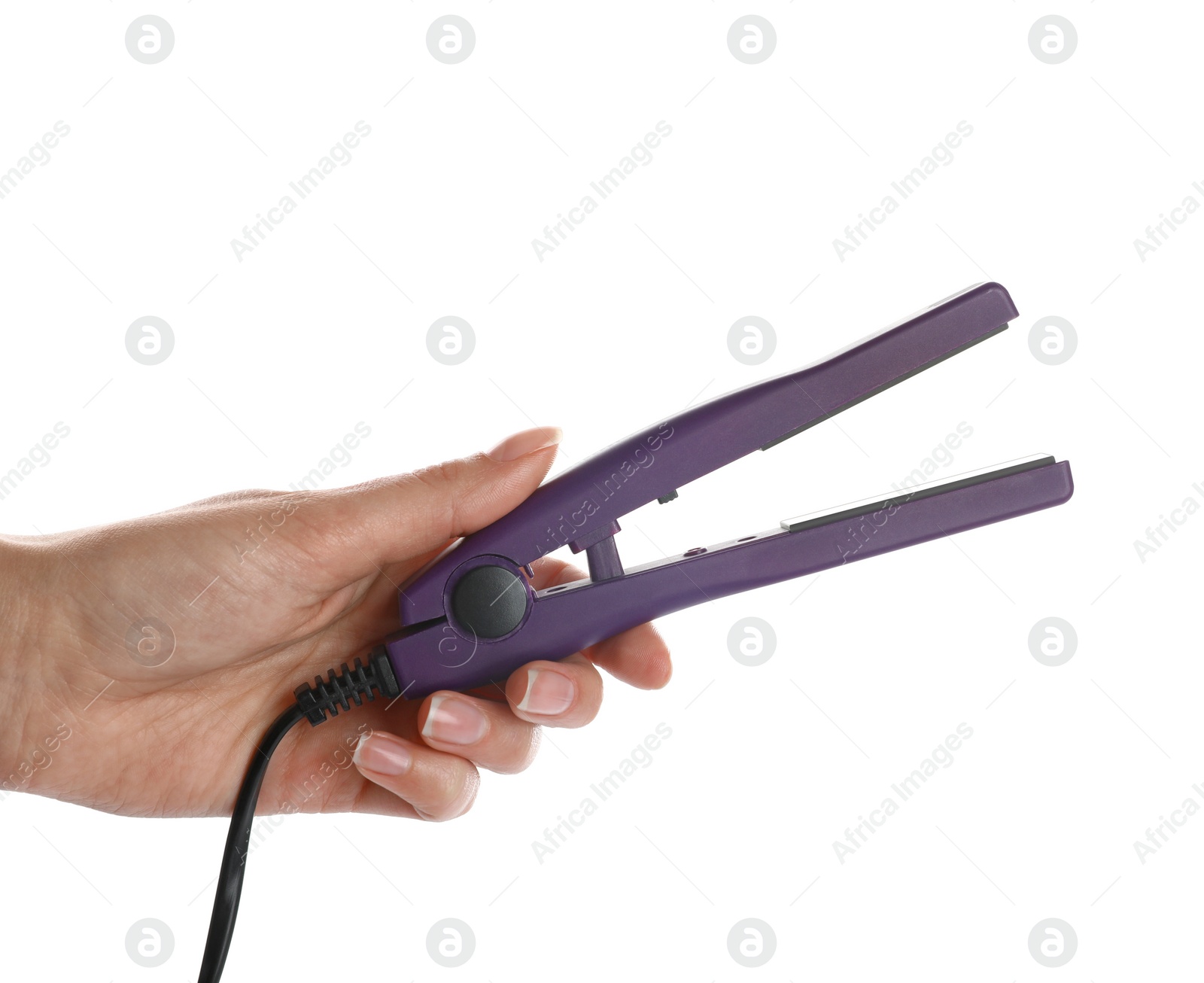 Photo of Woman holding modern hair iron on white background, closeup