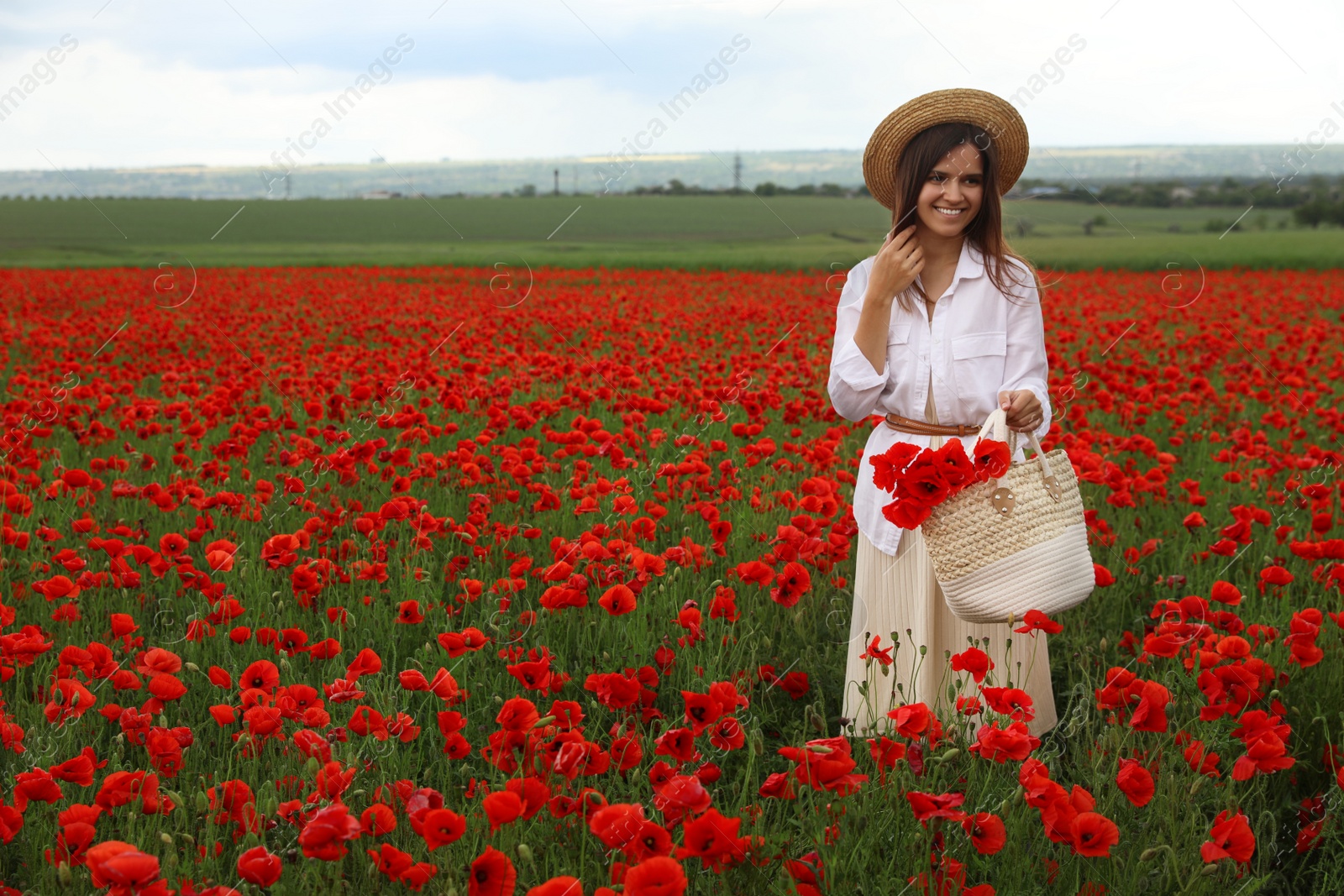 Photo of Woman holding handbag with poppy flowers in beautiful field