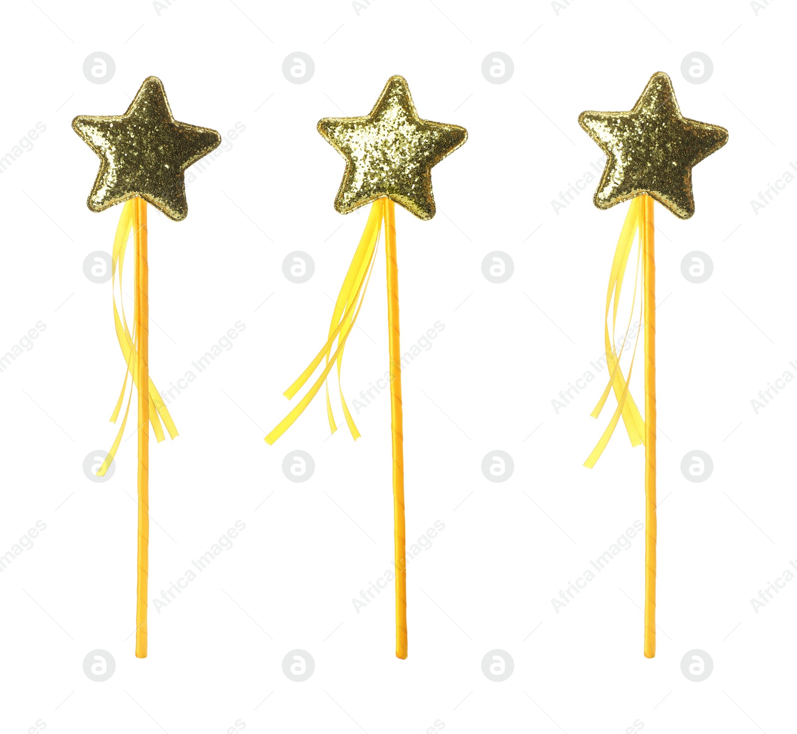 Image of Set with beautiful golden magic wands on white background 