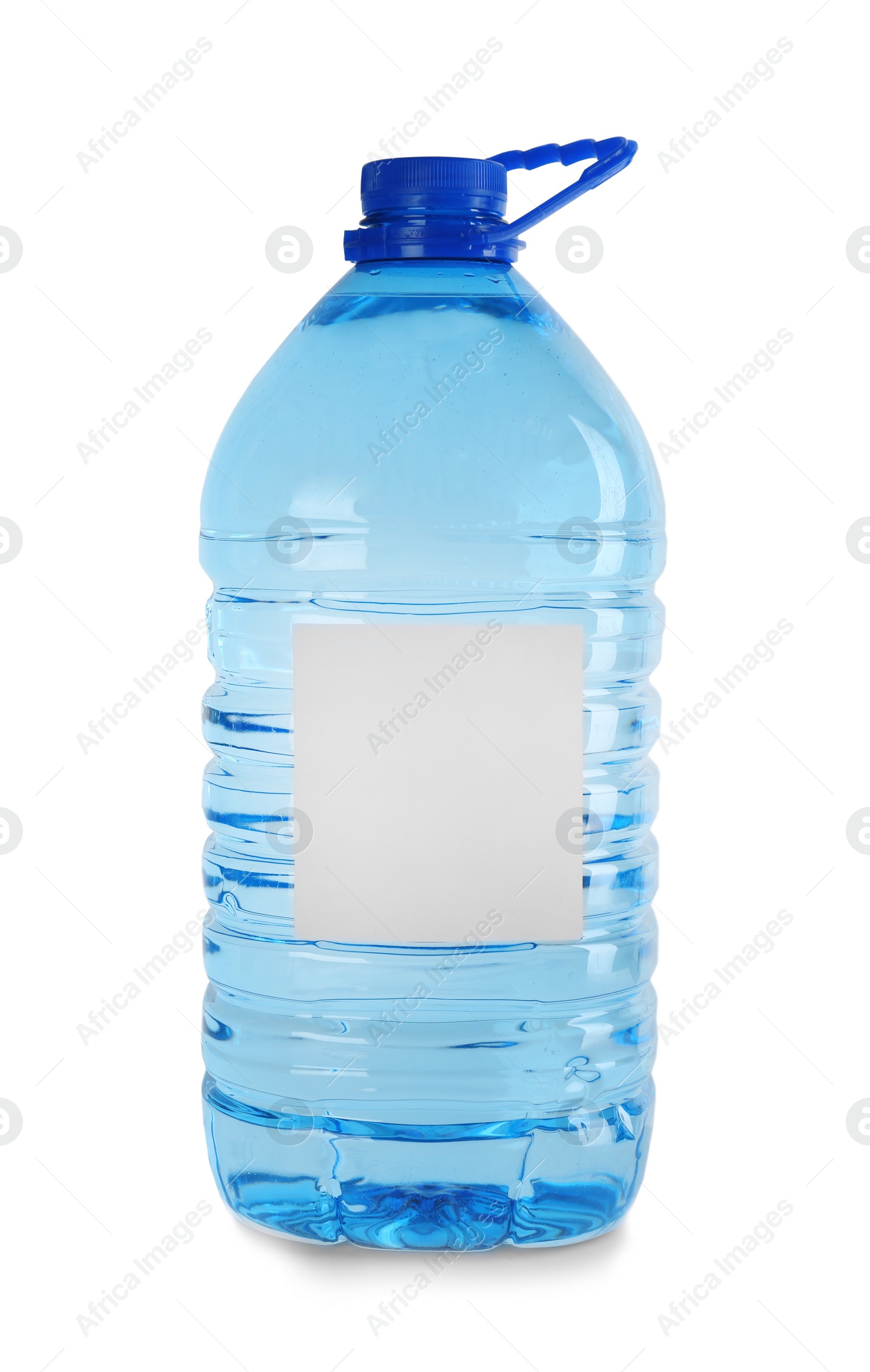 Photo of Large plastic bottle of pure water with blank tag on white background