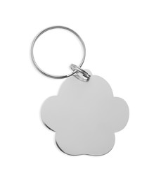 Photo of Silver metal tag with ring isolated on white. Pet accessory