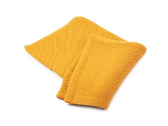 Photo of Beautiful yellow knitted blanket isolated on white