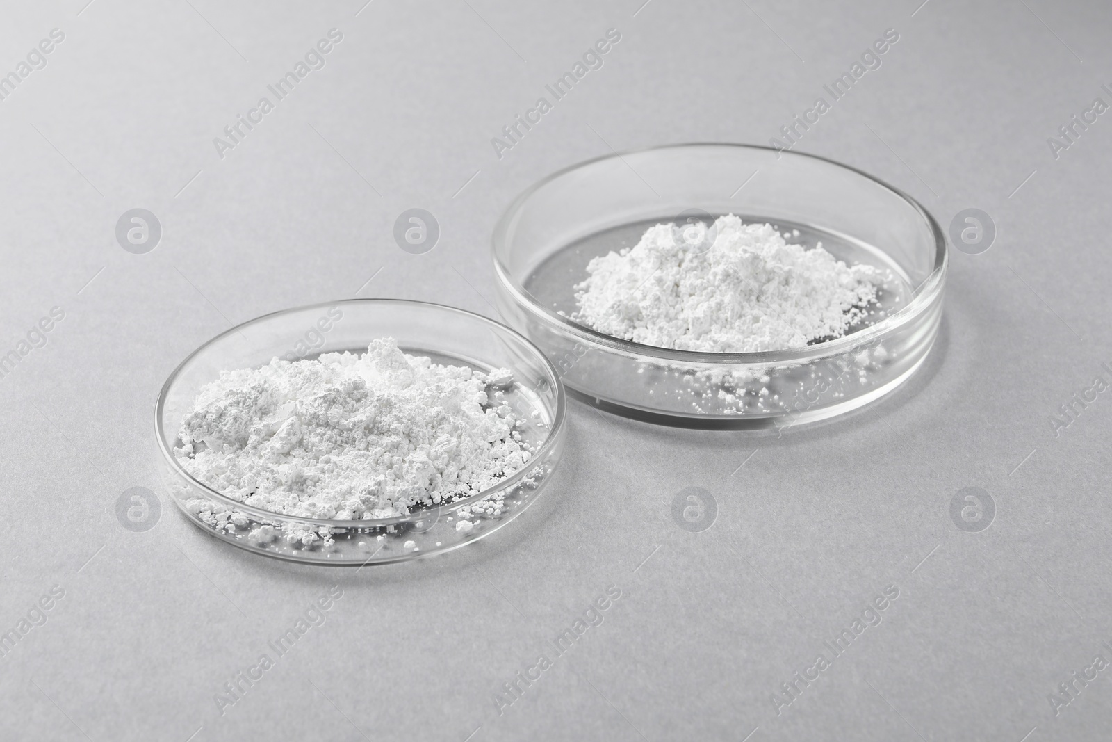 Photo of Petri dishes with calcium carbonate powder on light grey table