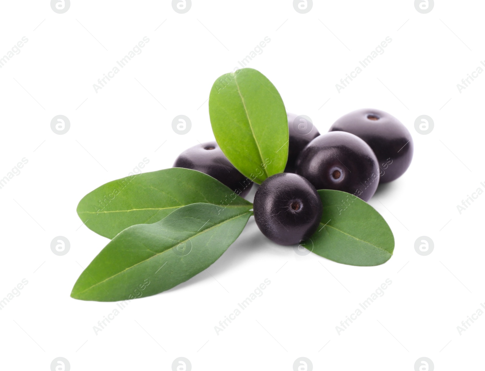 Photo of Fresh acai berries with leaves isolated on white