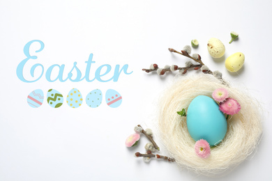 Image of Flat lay composition with word Easter and eggs on white background