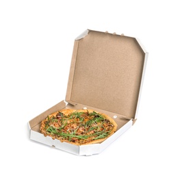 Cardboard box with tasty pizza on white background