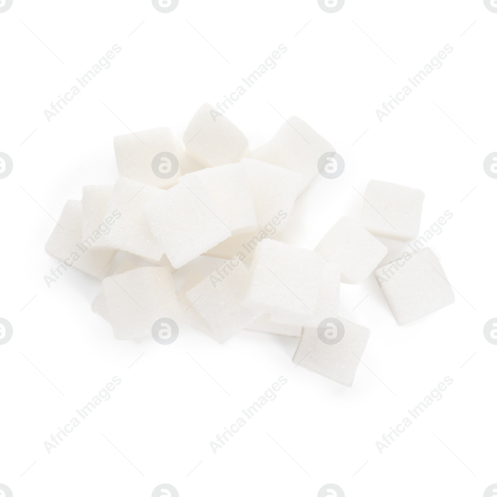 Photo of Pile of sugar cubes isolated on white, top view